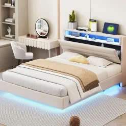 Lit Double 140x200 cm - Lit capitonné Adulte pour Ado avec LED Intégrée et Port USB, Tête de Lit Réversible Lin Gris