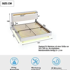 Lit Double 140x200 cm - Lit capitonné Adulte pour Ado avec LED Intégrée et Port USB, Tête de Lit Réversible Lin Gris
