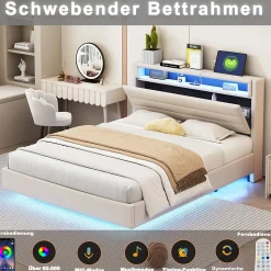 Lit Double 140x200 cm - Lit capitonné Adulte pour Ado avec LED Intégrée et Port USB, Tête de Lit Réversible Lin Gris