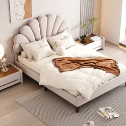 Lit Double 140x200 cm - Lit Capitonné enfant/Adulte avec Tête de Lit et Sommier à Lattes, Velours, Beige, Sans Matelas