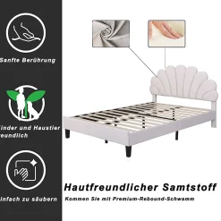 Lit Double 140x200 cm - Lit Capitonné enfant/Adulte avec Tête de Lit et Sommier à Lattes, Velours, Beige, Sans Matelas