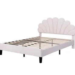 Lit Double 140x200 cm - Lit Capitonné enfant/Adulte avec Tête de Lit et Sommier à Lattes, Velours, Beige, Sans Matelas