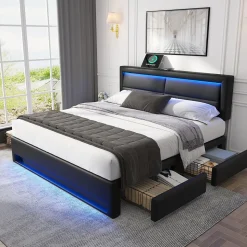 Lit Double 140x190 cm - Lit Capitonné PU avec Rangement et Ports USB - Éclairage LED Intégré - Noir - Sans Matelas