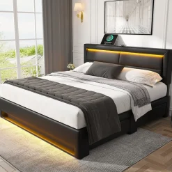 Lit Double 140x190 cm - Lit Capitonné PU avec Rangement et Ports USB - Éclairage LED Intégré - Noir - Sans Matelas