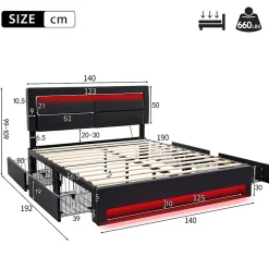 Lit Double 140x190 cm - Lit Capitonné PU avec Rangement et Ports USB - Éclairage LED Intégré - Noir - Sans Matelas