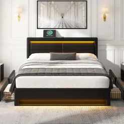 Lit Double 140x190 cm - Lit Capitonné PU avec Rangement et Ports USB - Éclairage LED Intégré - Noir - Sans Matelas