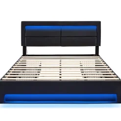 Lit Double 140x190 cm - Lit Capitonné PU avec Rangement et Ports USB - Éclairage LED Intégré - Noir - Sans Matelas
