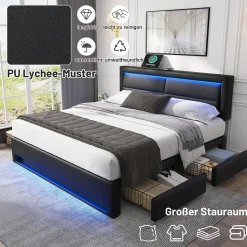 Lit Double 140x190 cm - Lit Capitonné PU avec Rangement et Ports USB - Éclairage LED Intégré - Noir - Sans Matelas
