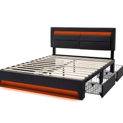 Lit Double 140x190 cm - Lit Capitonné PU avec Rangement et Ports USB - Éclairage LED Intégré - Noir - Sans Matelas