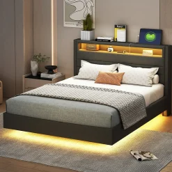 Lit Double 140x200 cm - Lit capitonné Adulte pour Ado avec LED Intégrée et Port USB, Tête de Lit Réversible Lin Gris