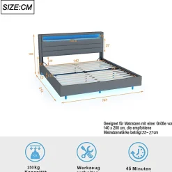 Lit Double 140x200 cm - Lit capitonné Adulte pour Ado avec LED Intégrée et Port USB, Tête de Lit Réversible Lin Gris