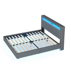 Lit Double 140x200 cm - Lit capitonné Adulte pour Ado avec LED Intégrée et Port USB, Tête de Lit Réversible Lin Gris