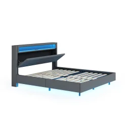 Lit Double 140x200 cm - Lit capitonné Adulte pour Ado avec LED Intégrée et Port USB, Tête de Lit Réversible Lin Gris