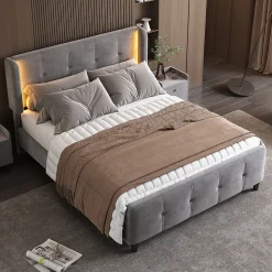 Lit Double 140x200 cm - Lit Capitonné avec Bandes LED 16 s - Sans Matelas - Velours Gris