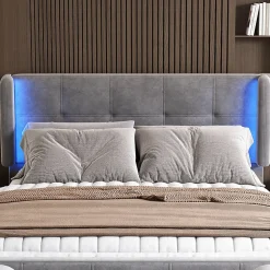 Lit Double 140x200 cm - Lit Capitonné avec Bandes LED 16 s - Sans Matelas - Velours Gris