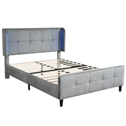 Lit Double 140x200 cm - Lit Capitonné avec Bandes LED 16 s - Sans Matelas - Velours Gris