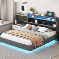 Lit Double 160x200 cm - Lit capitonné Adulte pour Ado avec LED Intégrée et Port USB, Tête de Lit Réversible Lin Gris