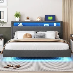 Lit Double 160x200 cm - Lit capitonné Adulte pour Ado avec LED Intégrée et Port USB, Tête de Lit Réversible Lin Gris