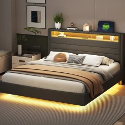 Lit Double 160x200 cm - Lit capitonné Adulte pour Ado avec LED Intégrée et Port USB, Tête de Lit Réversible Lin Gris