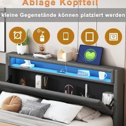 Lit Double 160x200 cm - Lit capitonné Adulte pour Ado avec LED Intégrée et Port USB, Tête de Lit Réversible Lin Gris