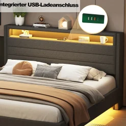 Lit Double 160x200 cm - Lit capitonné Adulte pour Ado avec LED Intégrée et Port USB, Tête de Lit Réversible Lin Gris