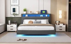 Lit Double 160x200 cm - Lit capitonné Adulte pour Ado avec LED Intégrée et Port USB, Tête de Lit Réversible Lin Gris