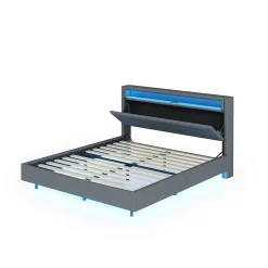 Lit Double 160x200 cm - Lit capitonné Adulte pour Ado avec LED Intégrée et Port USB, Tête de Lit Réversible Lin Gris