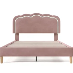 Lit double 140x200 cm - Lit capitonné avec tête de lit LED réglable - Sans Matelas - Velours - Rose