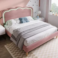 Lit double 140x200 cm - Lit capitonné avec tête de lit LED réglable - Sans Matelas - Velours - Rose