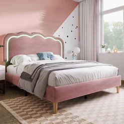 Lit double 140x200 cm - Lit capitonné avec tête de lit LED réglable - Sans Matelas - Velours - Rose