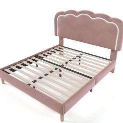 Lit double 140x200 cm - Lit capitonné avec tête de lit LED réglable - Sans Matelas - Velours - Rose