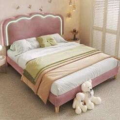 Lit double 140x200 cm - Lit capitonné avec tête de lit LED réglable - Sans Matelas - Velours - Rose