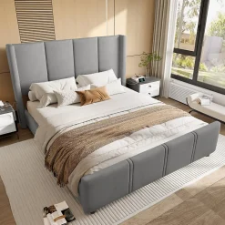 Lit double 140x190 cm - Lit capitonné moderne avec tête et pied de lit hauts, port USB intégré - Sans matelas - Gris foncé