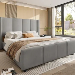 Lit double 140x190 cm - Lit capitonné moderne avec tête et pied de lit hauts, port USB intégré - Sans matelas - Gris foncé