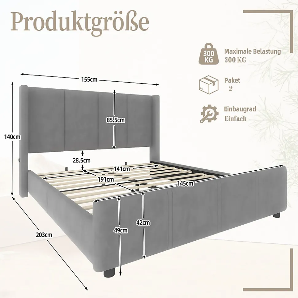 Lit double 140x190 cm - Lit capitonné moderne avec tête et pied de lit hauts, port USB intégré - Sans matelas - Gris foncé