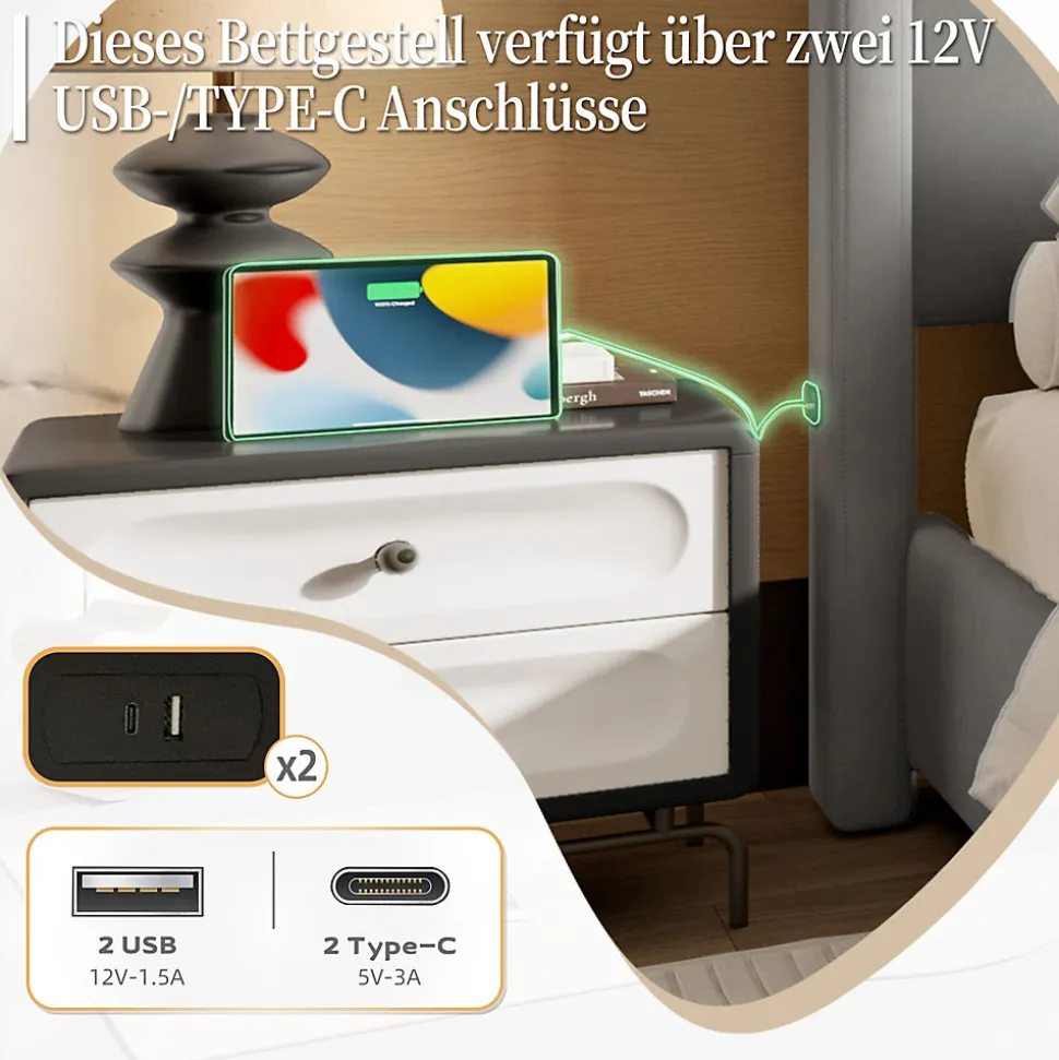 Lit double 140x190 cm - Lit capitonné moderne avec tête et pied de lit hauts, port USB intégré - Sans matelas - Gris foncé