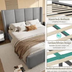 Lit double 140x190 cm - Lit capitonné moderne avec tête et pied de lit hauts, port USB intégré - Sans matelas - Gris foncé