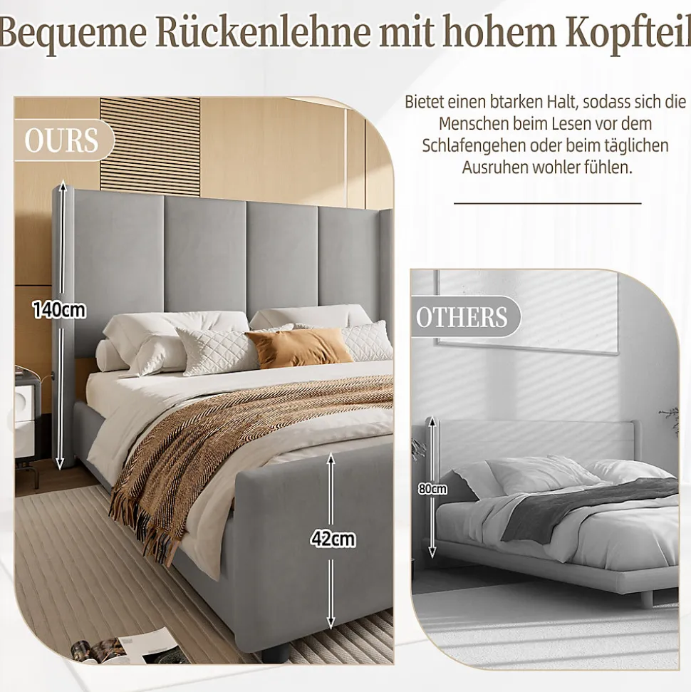 Lit double 140x190 cm - Lit capitonné moderne avec tête et pied de lit hauts, port USB intégré - Sans matelas - Gris foncé