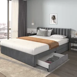 Lit Double 180x200 cm - Lit Capitonné en Velours Gris avec 2 Tiroirs de Rangement, Sommier à Lattes Inclus, Style Moderne