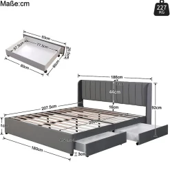 Lit Double 180x200 cm - Lit Capitonné en Velours Gris avec 2 Tiroirs de Rangement, Sommier à Lattes Inclus, Style Moderne