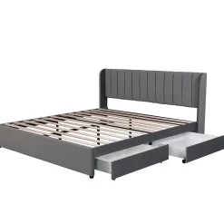 Lit Double 180x200 cm - Lit Capitonné en Velours Gris avec 2 Tiroirs de Rangement, Sommier à Lattes Inclus, Style Moderne