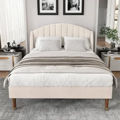 Lit Double 140x190 cm - Lit Capitonné ado - Velours - Élégance Moderne - Sans Matelas - Beige