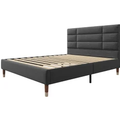 Lit double 140x200 cm - Lit capitonné avec sommier à lattes - Lin - avec Matelas - Gris