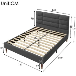 Lit double 140x200 cm - Lit capitonné avec sommier à lattes - Lin - avec Matelas - Gris