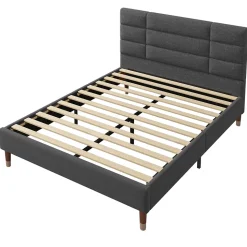 Lit double 140x200 cm - Lit capitonné avec sommier à lattes - Lin - avec Matelas - Gris