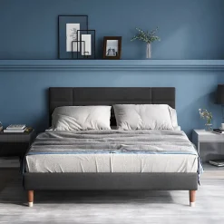 Lit double 140x200 cm - Lit capitonné avec sommier à lattes - Lin - avec Matelas - Gris