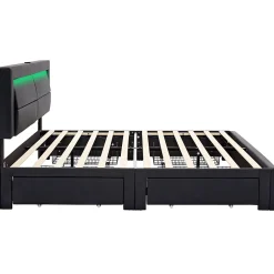 Lit Double 140x200 cm - Lit Capitonné PU avec Rangement et Ports USB - Éclairage LED Télécommandé - Noir - Sans Matelas