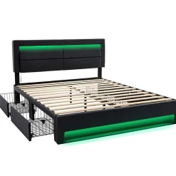 Lit Double 140x200 cm - Lit Capitonné PU avec Rangement et Ports USB - Éclairage LED Télécommandé - Noir - Sans Matelas