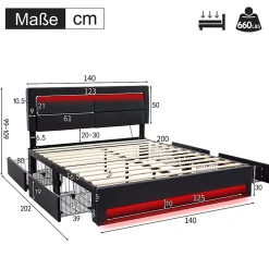 Lit Double 140x200 cm - Lit Capitonné PU avec Rangement et Ports USB - Éclairage LED Télécommandé - Noir - Sans Matelas
