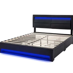 Lit Double 140x200 cm - Lit Capitonné PU avec Rangement et Ports USB - Éclairage LED Télécommandé - Noir - Sans Matelas